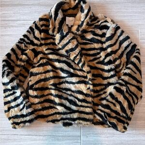 Le Lis Black and Tan Faux Tiger Stripe Fur Jacket